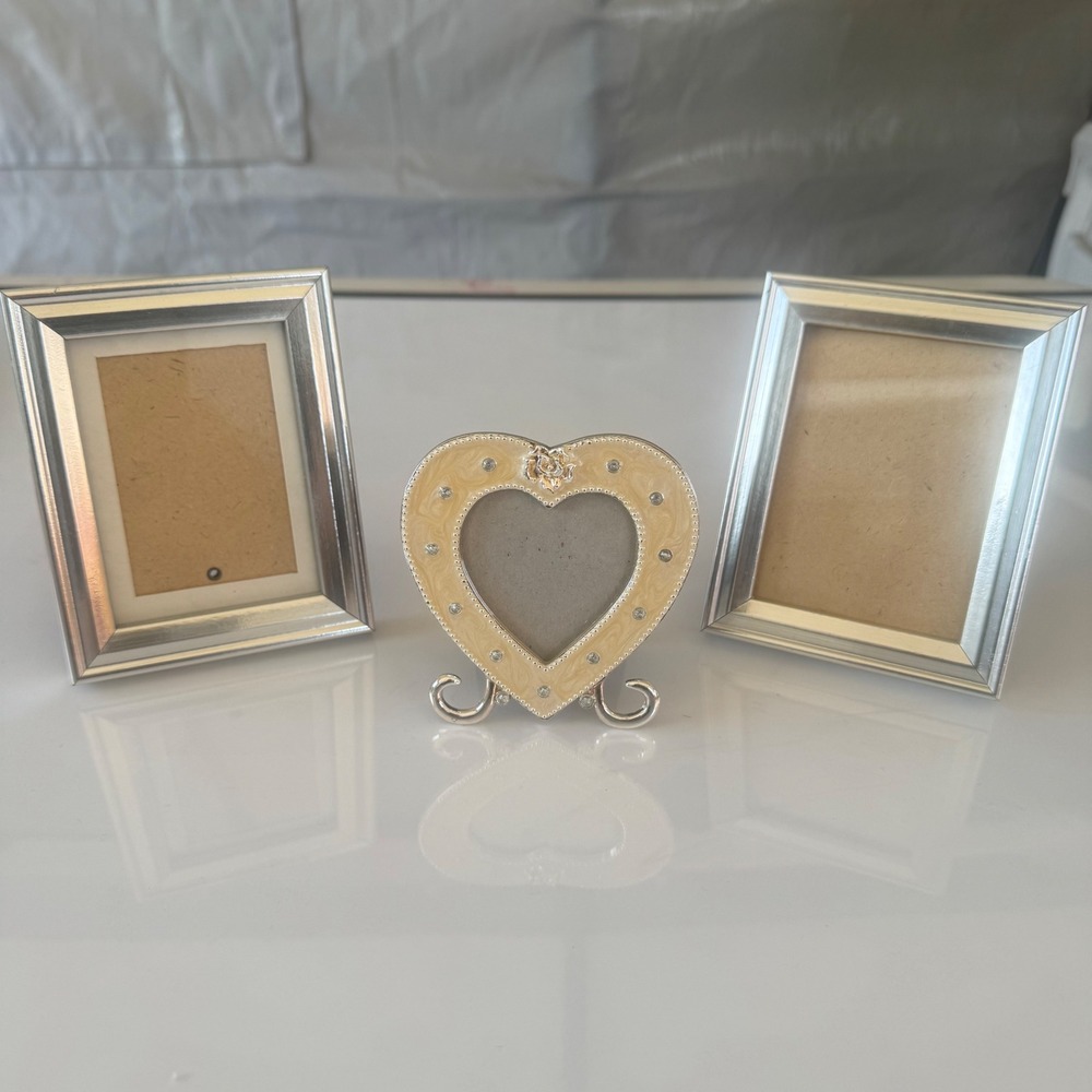 Miniature Picture Frame Set Silver Tone Rectangular and Enameled Heart with Gems